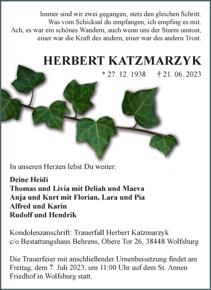  Traueranzeige für Herbert Katzmarzyk vom 01.07.2023 aus Wolfsburger Nachrichten