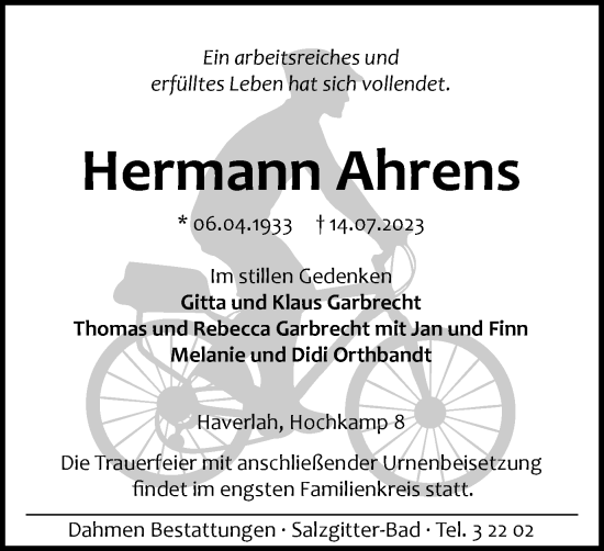 Traueranzeige von Hermann Ahrens von Salzgitter-Zeitung