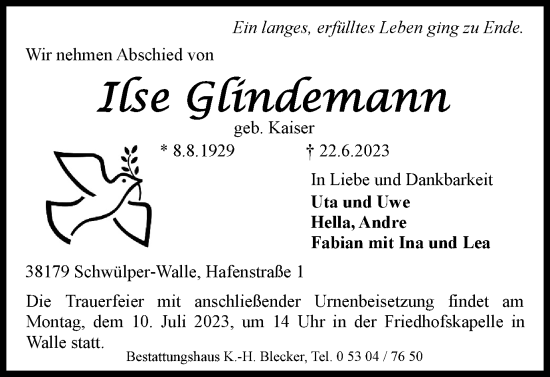 Traueranzeige von Ilse Glindemann von Wolfsburger Nachrichten