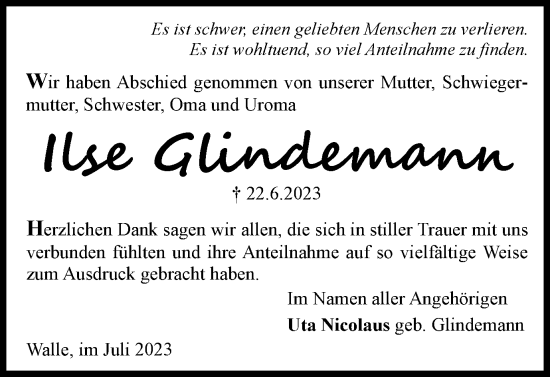 Traueranzeige von Ilse Glindemann von Wolfsburger Nachrichten