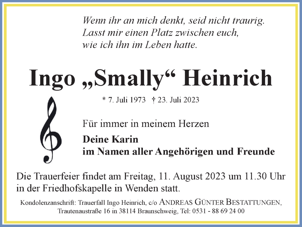  Traueranzeige für Ingo Heinrich vom 29.07.2023 aus Neue Braunschweiger am Samstag