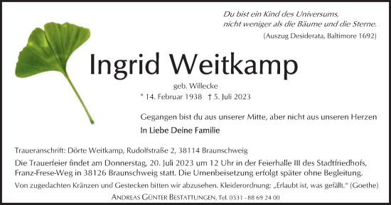 Traueranzeige von Ingrid Weitkamp von Braunschweiger Zeitung