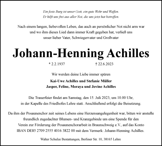 Traueranzeige von Johann-Henning Achilles von Braunschweiger Zeitung