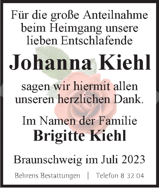 Traueranzeige von Johanna Kiehl von Braunschweiger Zeitung