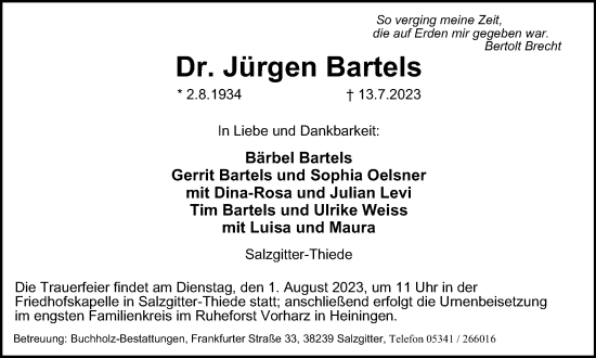Traueranzeige von Jürgen Bartels von Salzgitter-Zeitung, Wolfenbütteler Zeitung