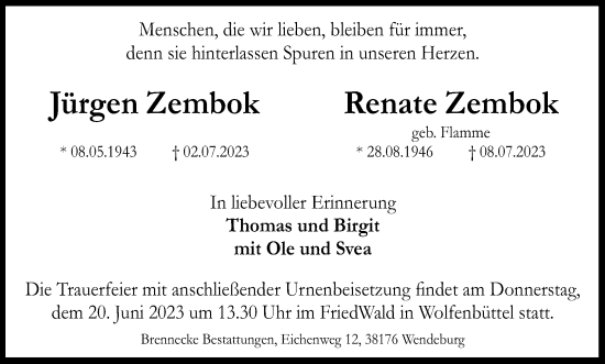 Traueranzeige von Jürgen und Renate Zembok von Braunschweiger Zeitung