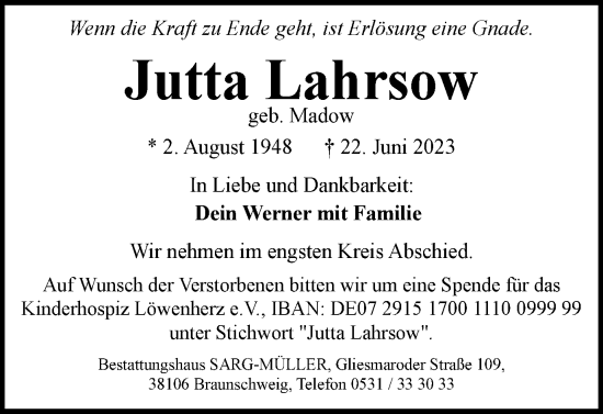 Traueranzeige von Jutta Lahrsow von Braunschweiger Zeitung