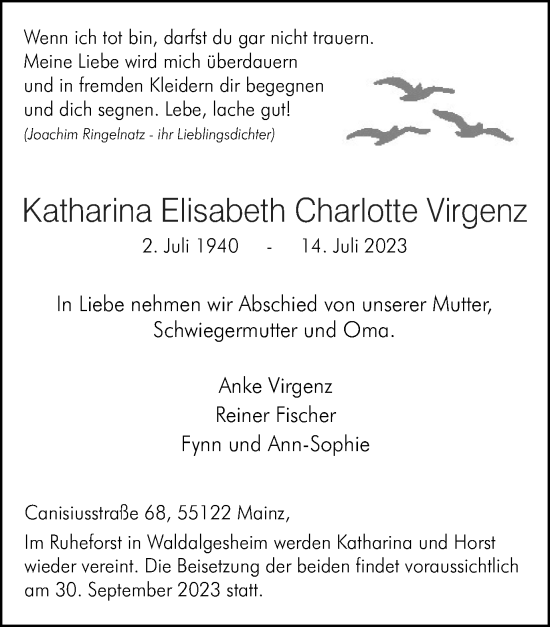 Traueranzeige von Katharina Elisabeth Charlotte Virgenz von Braunschweiger Zeitung