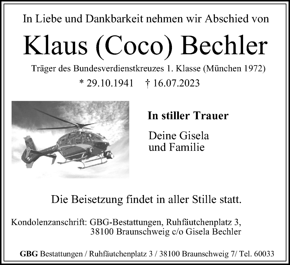  Traueranzeige für Klaus Bechler vom 29.07.2023 aus Braunschweiger Zeitung, Wolfsburger Nachrichten