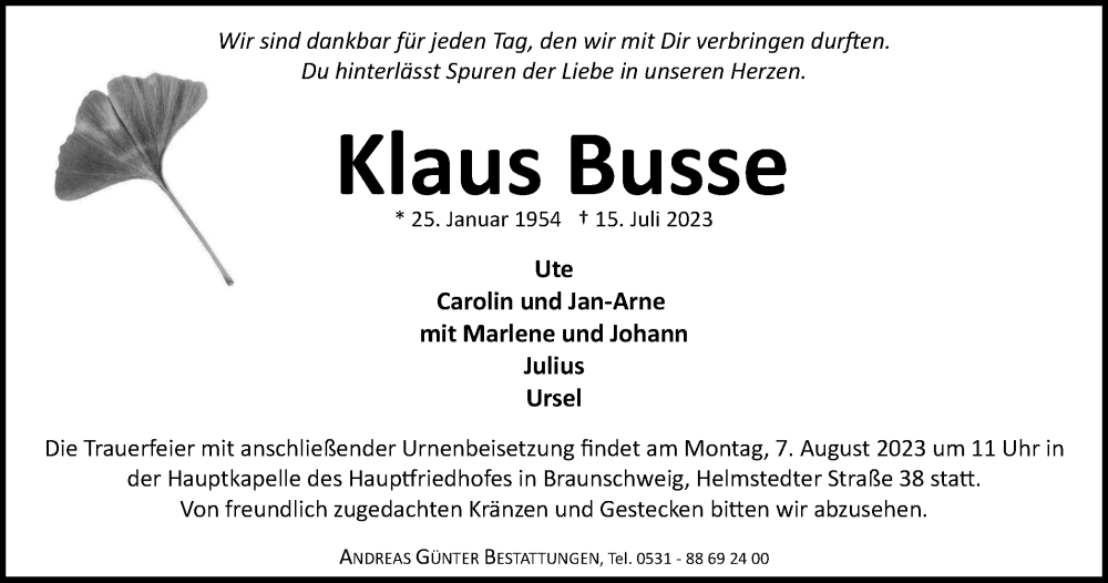  Traueranzeige für Klaus Busse vom 22.07.2023 aus Braunschweiger Zeitung