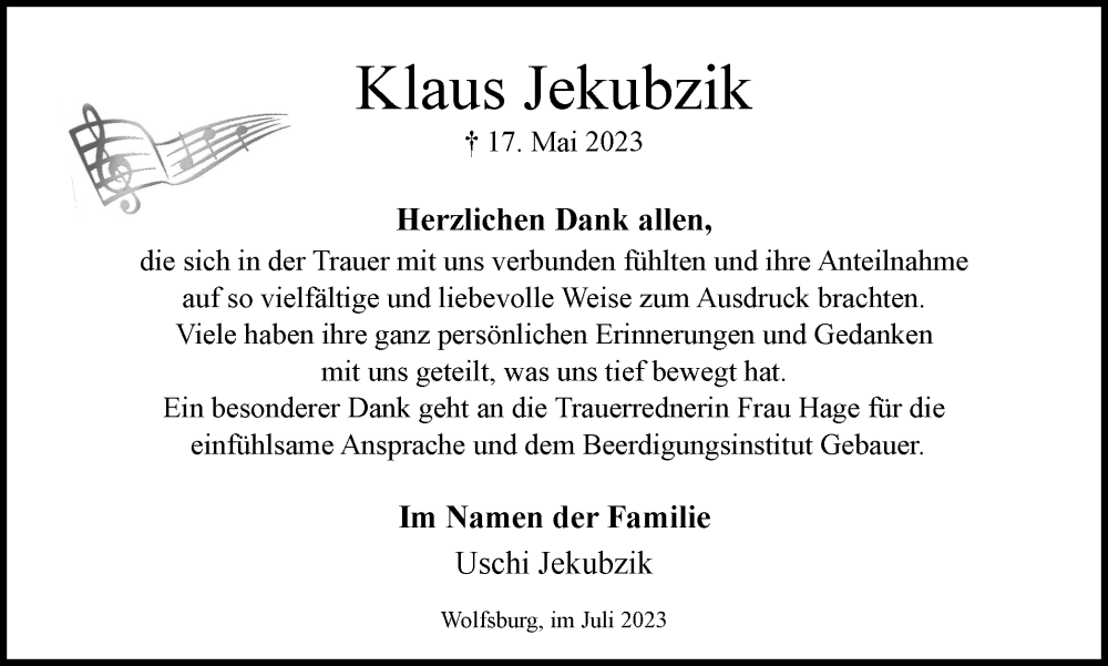  Traueranzeige für Klaus Jekubzik vom 01.07.2023 aus Wolfsburger Nachrichten