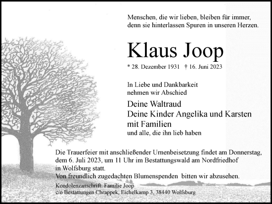 Traueranzeige von Klaus Joop von Wolfsburger Nachrichten