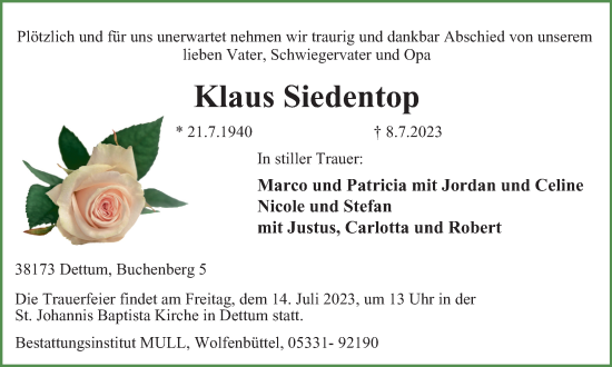 Traueranzeige von Klaus Siedentop von Wolfenbütteler Zeitung