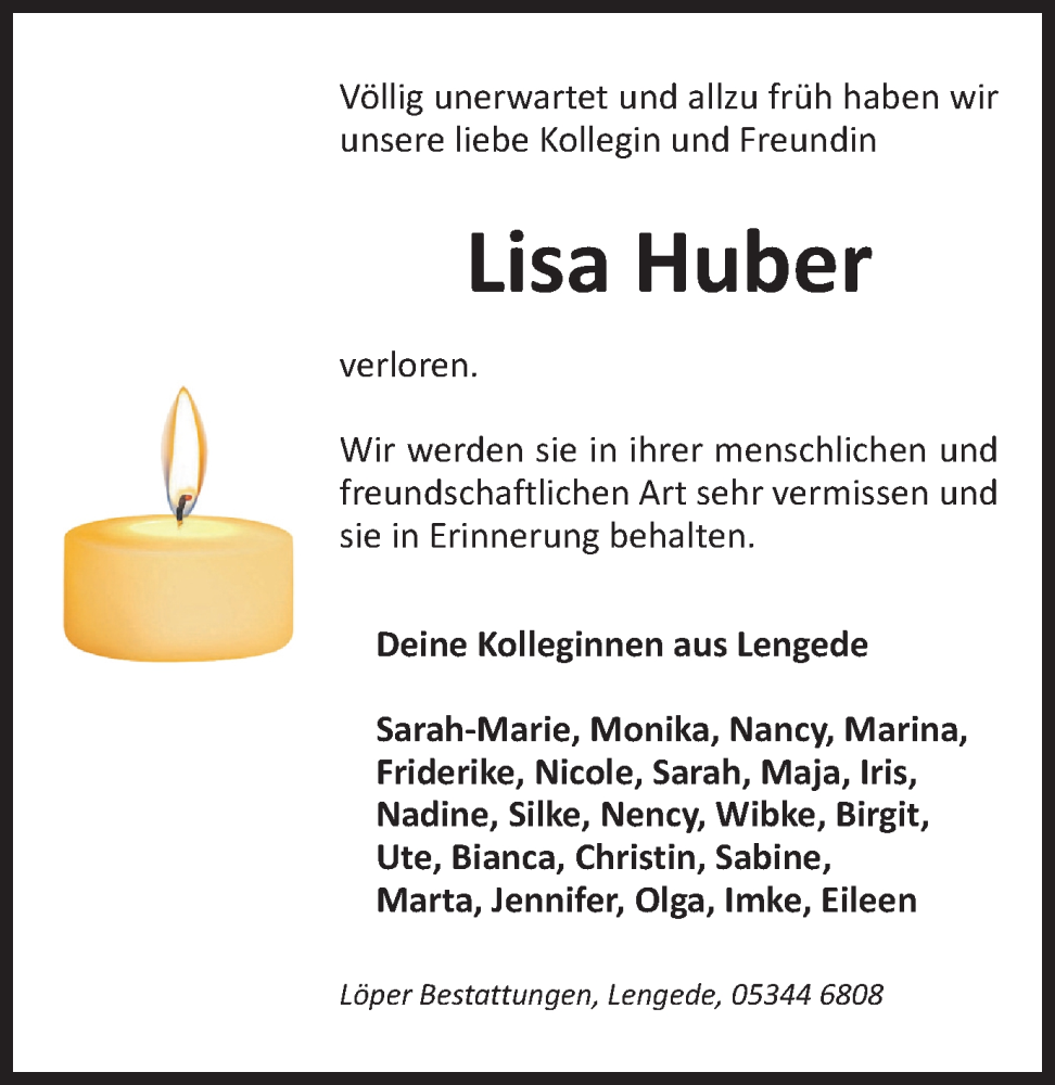  Traueranzeige für Lisa Huber vom 07.07.2023 aus Peiner Nachrichten