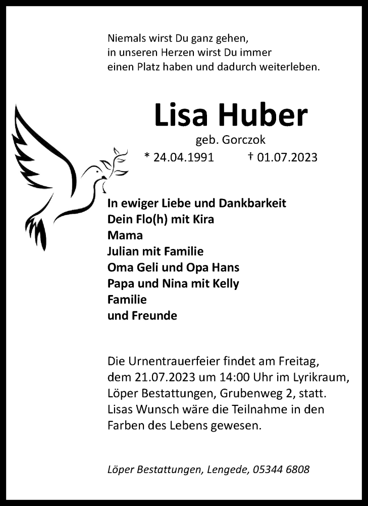  Traueranzeige für Lisa Huber vom 07.07.2023 aus Peiner Nachrichten