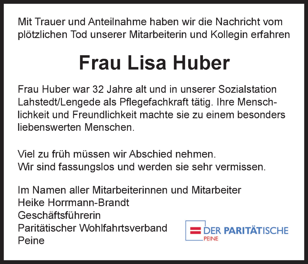  Traueranzeige für Lisa Huber vom 12.07.2023 aus Peiner Nachrichten