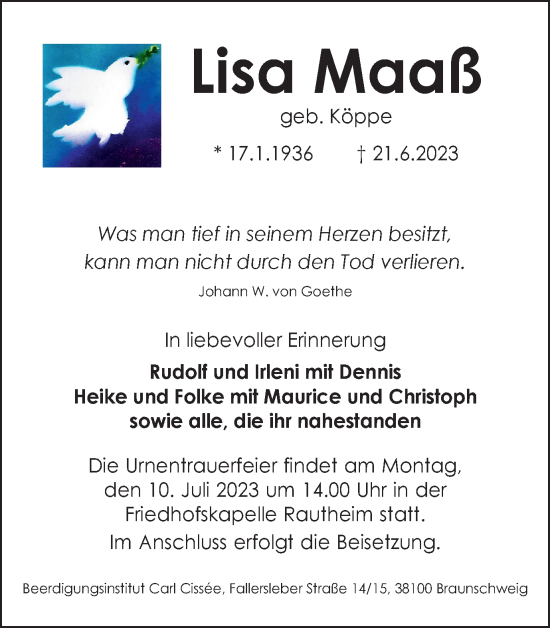 Traueranzeige von Lisa Maaß von Braunschweiger Zeitung