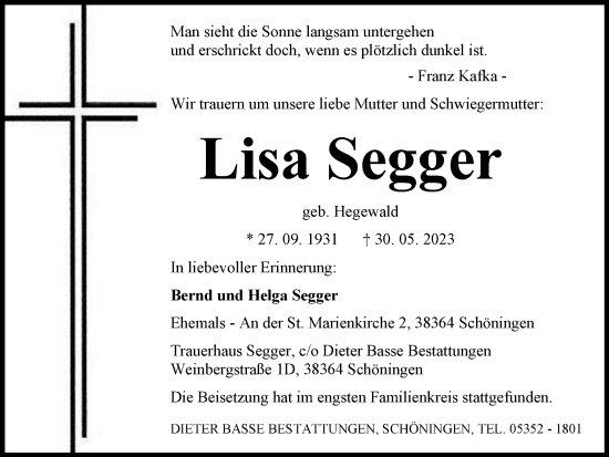 Traueranzeige von Lisa Segger von Helmstedter Nachrichten