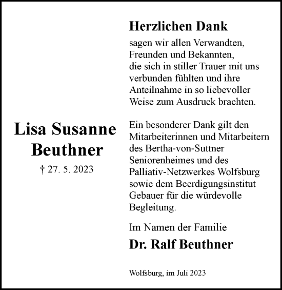 Traueranzeige von Lisa Susanne Beuthner von Wolfsburger Nachrichten