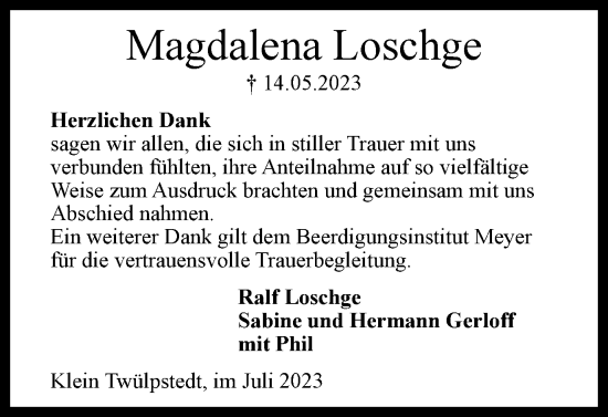 Traueranzeige von Magdalena Loschge von Helmstedter Nachrichten