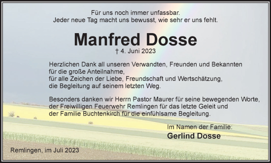 Traueranzeige von Manfred Dosse von Braunschweiger Zeitung