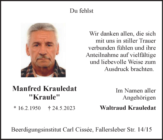 Traueranzeige von Manfred Krauledat von Neue Braunschweiger am Samstag