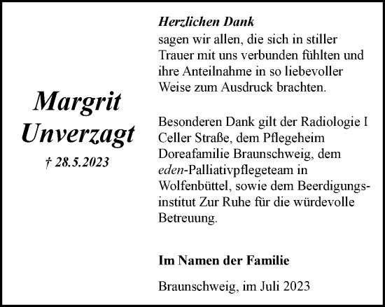 Traueranzeige von Margrit Unverzagt von Braunschweiger Zeitung