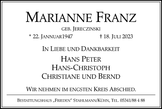 Traueranzeige von Marianne Franz von Salzgitter-Zeitung