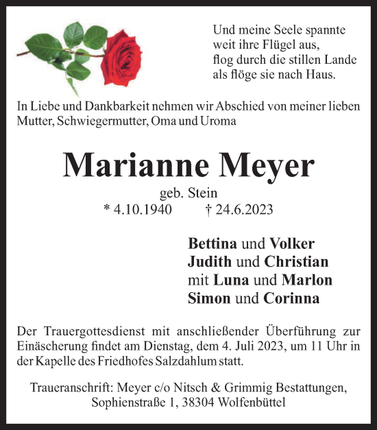 Traueranzeige von Marianne Meyer von Wolfenbütteler Zeitung