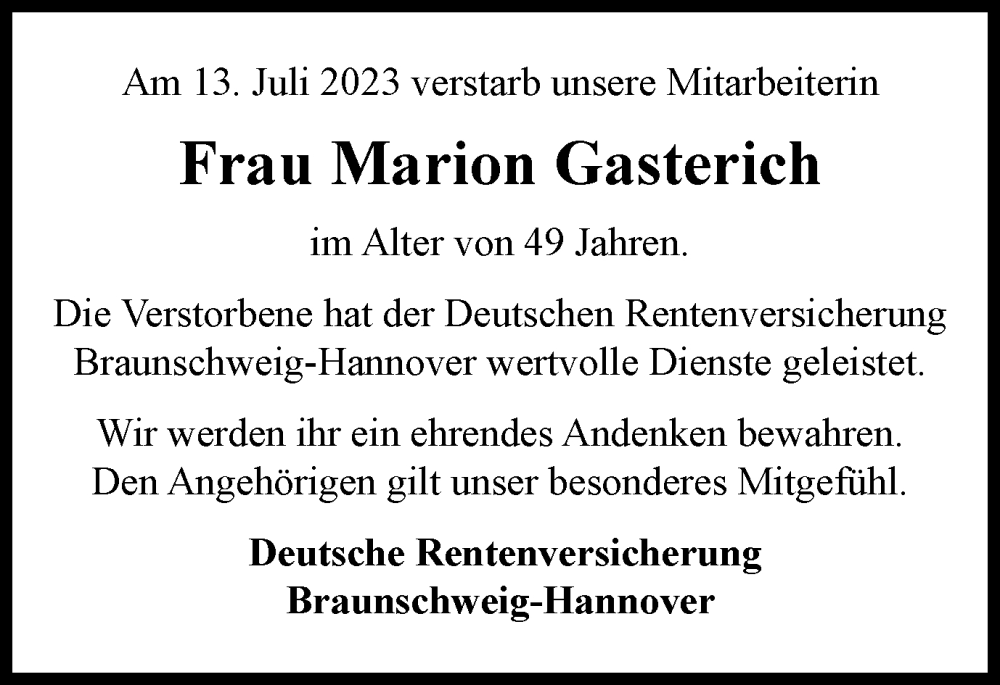  Traueranzeige für Marion Gasterich vom 29.07.2023 aus Braunschweiger Zeitung