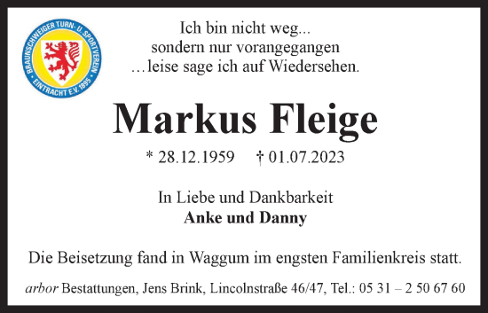 Traueranzeige von Markus Fleige von Neue Braunschweiger am Samstag