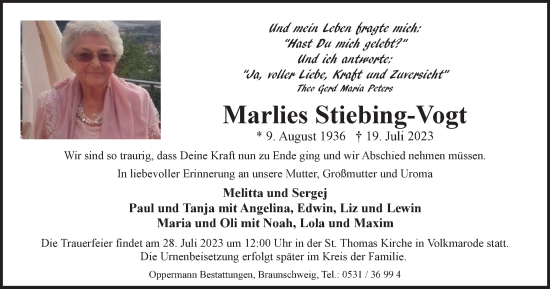 Traueranzeige von Marlies Stiebing-Vogt von Braunschweiger Zeitung