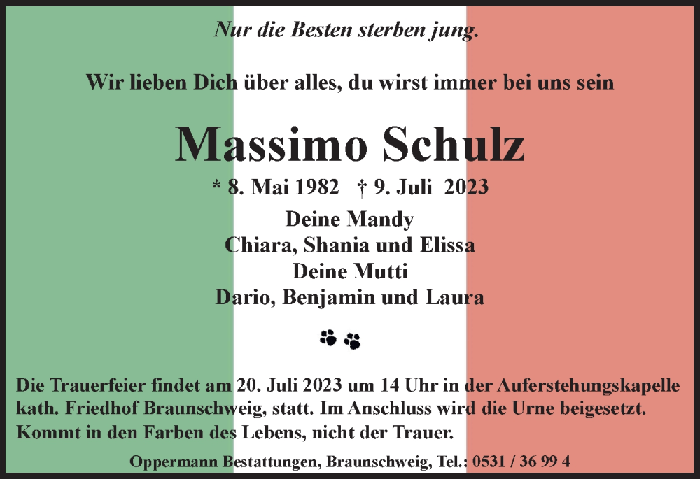  Traueranzeige für Massimo Schulz vom 15.07.2023 aus Braunschweiger Zeitung
