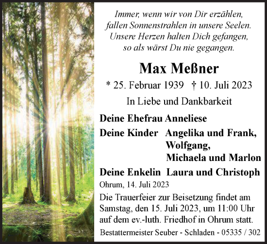 Traueranzeige von Max Meßner von Wolfenbütteler Zeitung