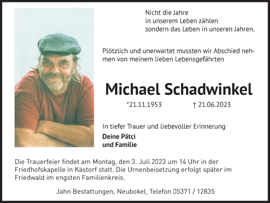 Traueranzeige von Michael Schadwinkel von Braunschweiger Zeitung