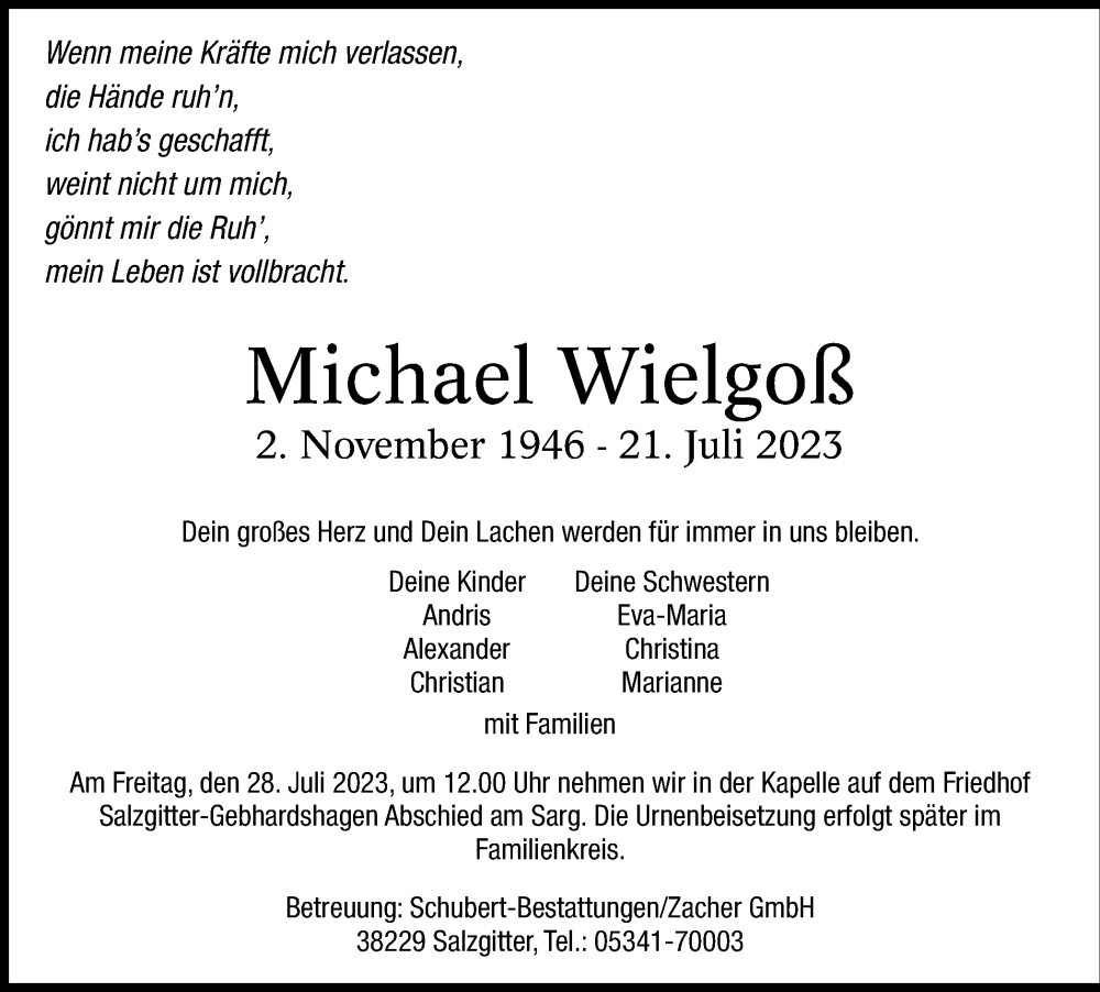  Traueranzeige für Michael Wielgoß vom 26.07.2023 aus Salzgitter-Zeitung
