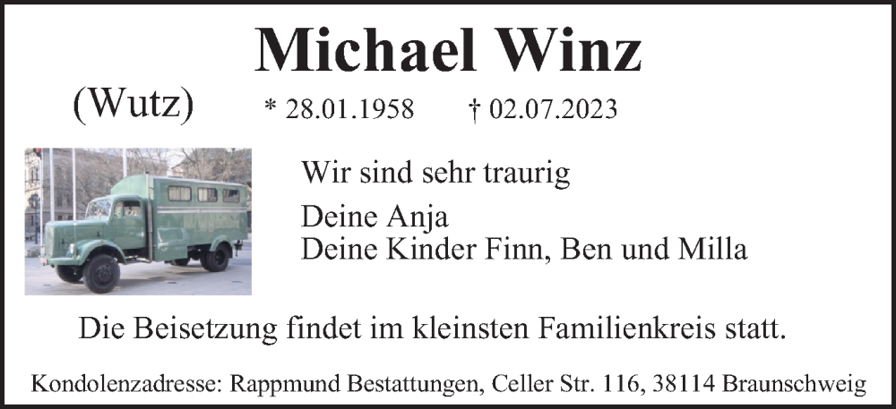  Traueranzeige für Michael Winz vom 08.07.2023 aus Braunschweiger Zeitung