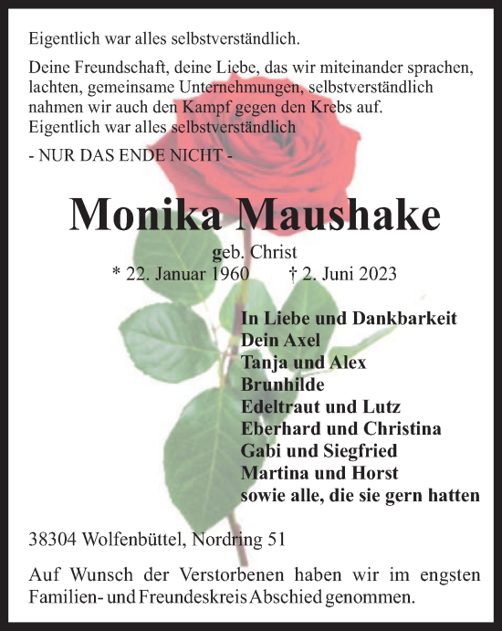 Traueranzeige von Monika Maushake von Braunschweiger Zeitung