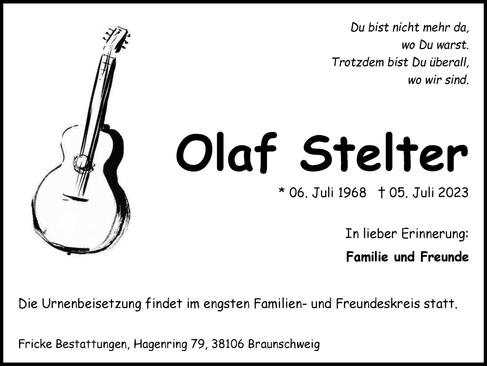  Traueranzeige für Olaf Stelter vom 15.07.2023 aus Braunschweiger Zeitung