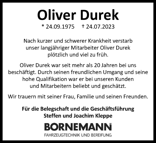 Traueranzeige von Oliver Durek von Braunschweiger Zeitung