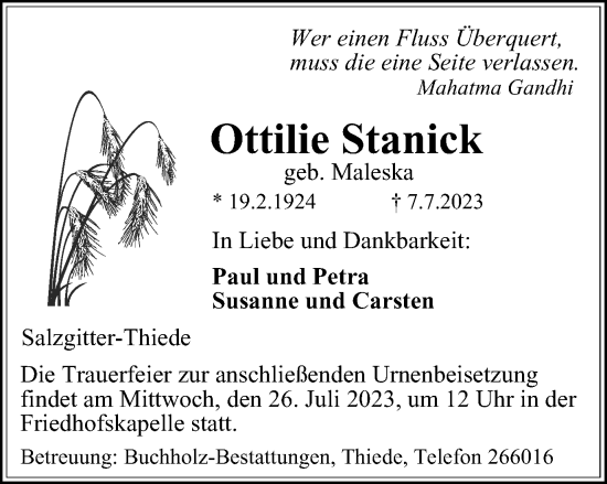 Traueranzeige von Ottilie Stanick von Salzgitter-Zeitung