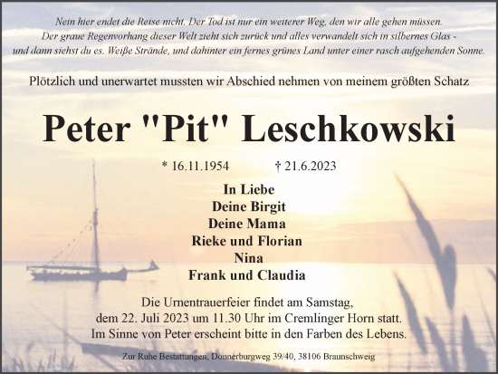 Traueranzeige von Peter Leschkowski von Braunschweiger Zeitung