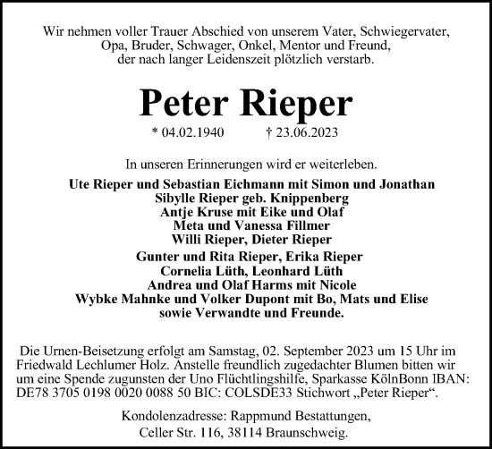 Traueranzeige von Peter Rieper von Braunschweiger Zeitung