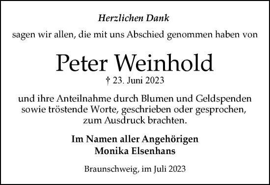 Traueranzeige von Peter Weinhold von Braunschweiger Zeitung