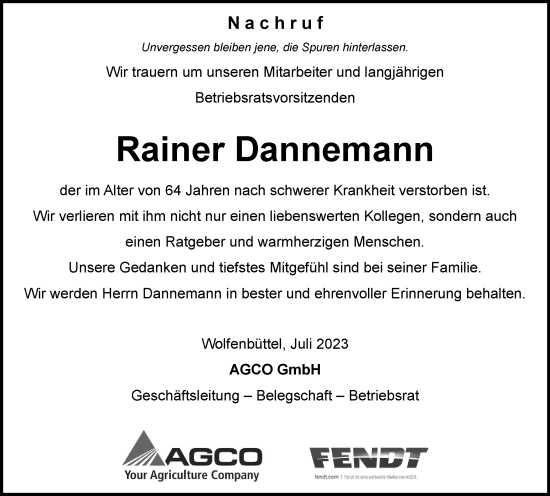 Traueranzeige von Rainer Dannemann von Wolfenbütteler Zeitung