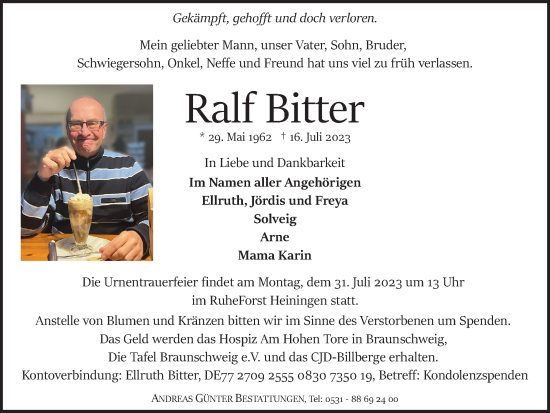 Traueranzeige von Ralf Bitter von Braunschweiger Zeitung
