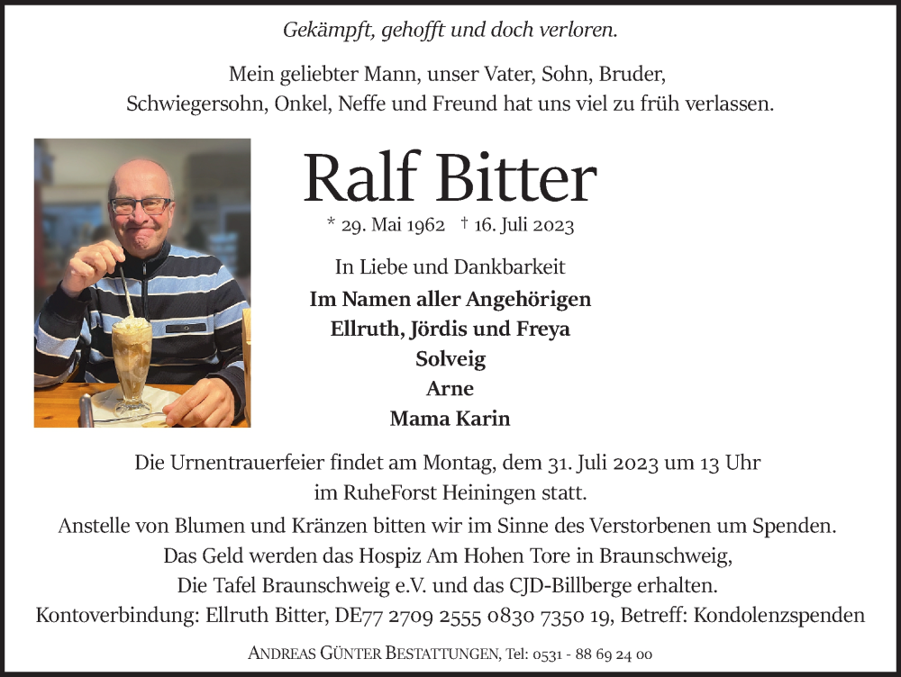  Traueranzeige für Ralf Bitter vom 22.07.2023 aus Braunschweiger Zeitung