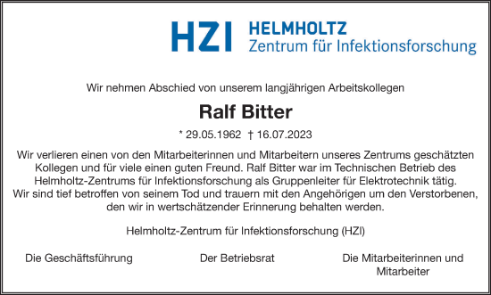 Traueranzeige von Ralf Bitter von Braunschweiger Zeitung