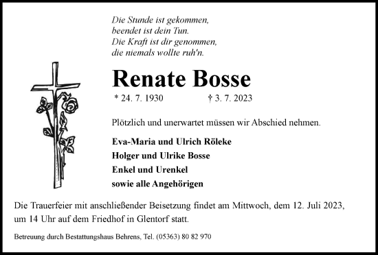 Traueranzeige von Renate Bosse von Wolfsburger Nachrichten