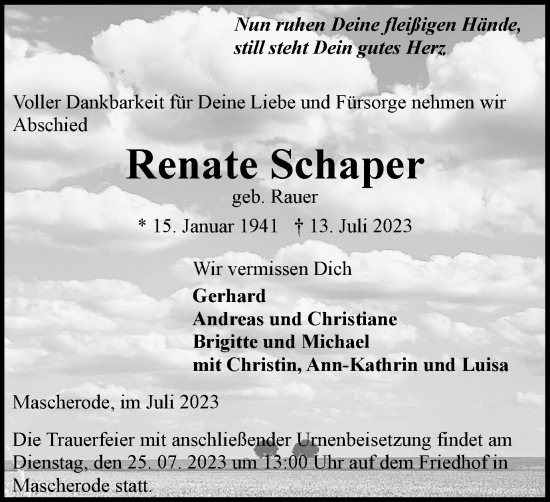 Traueranzeige von Renate Schaper von Braunschweiger Zeitung